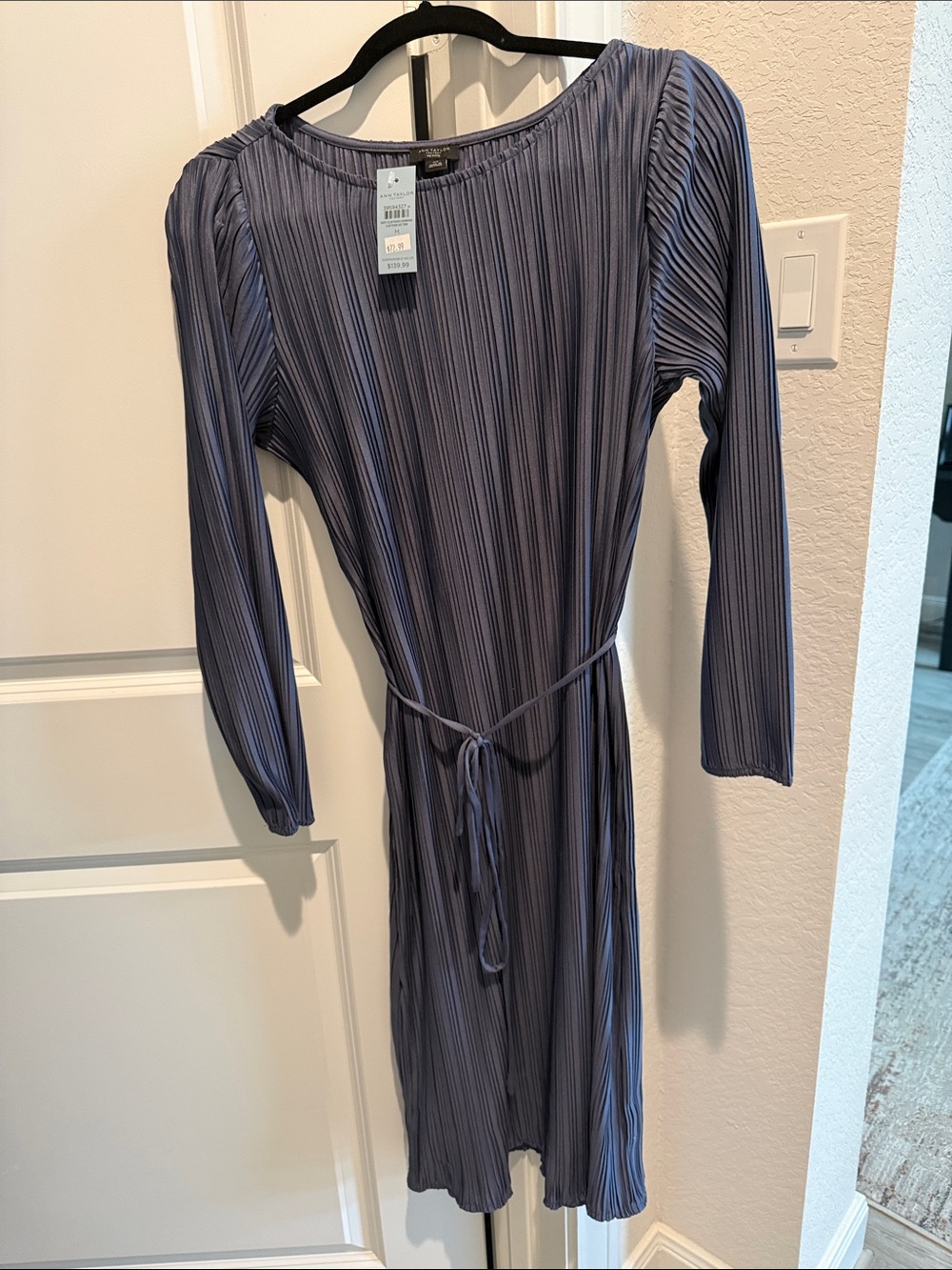 Ann Taylor Navy Pleated Midi Dress with Tie Waist